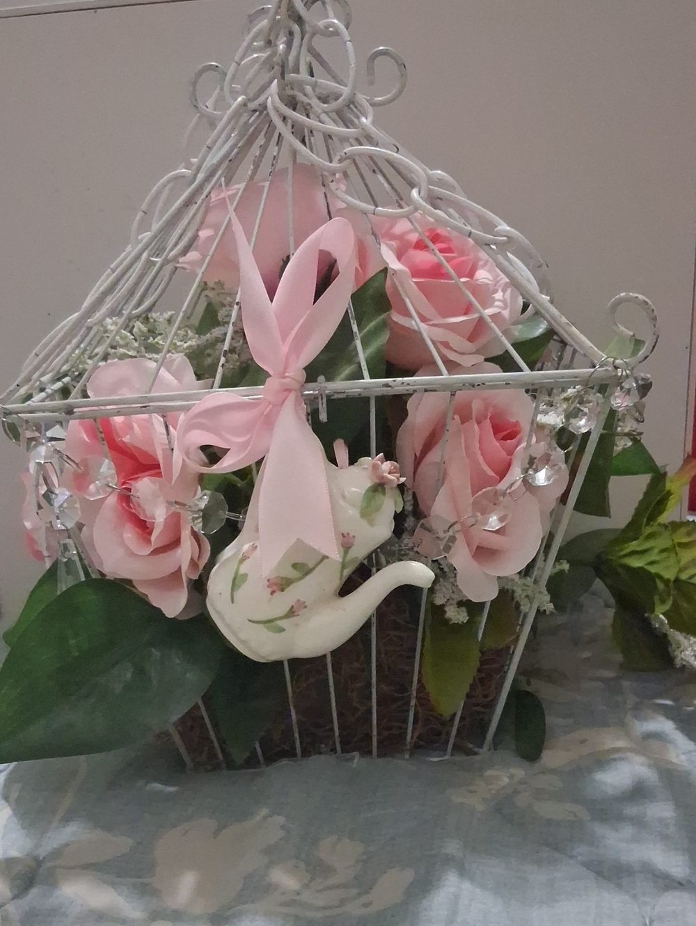 Vintage Pink Rose Birdcage Floral Arrangement w/Teapot & Crystals.